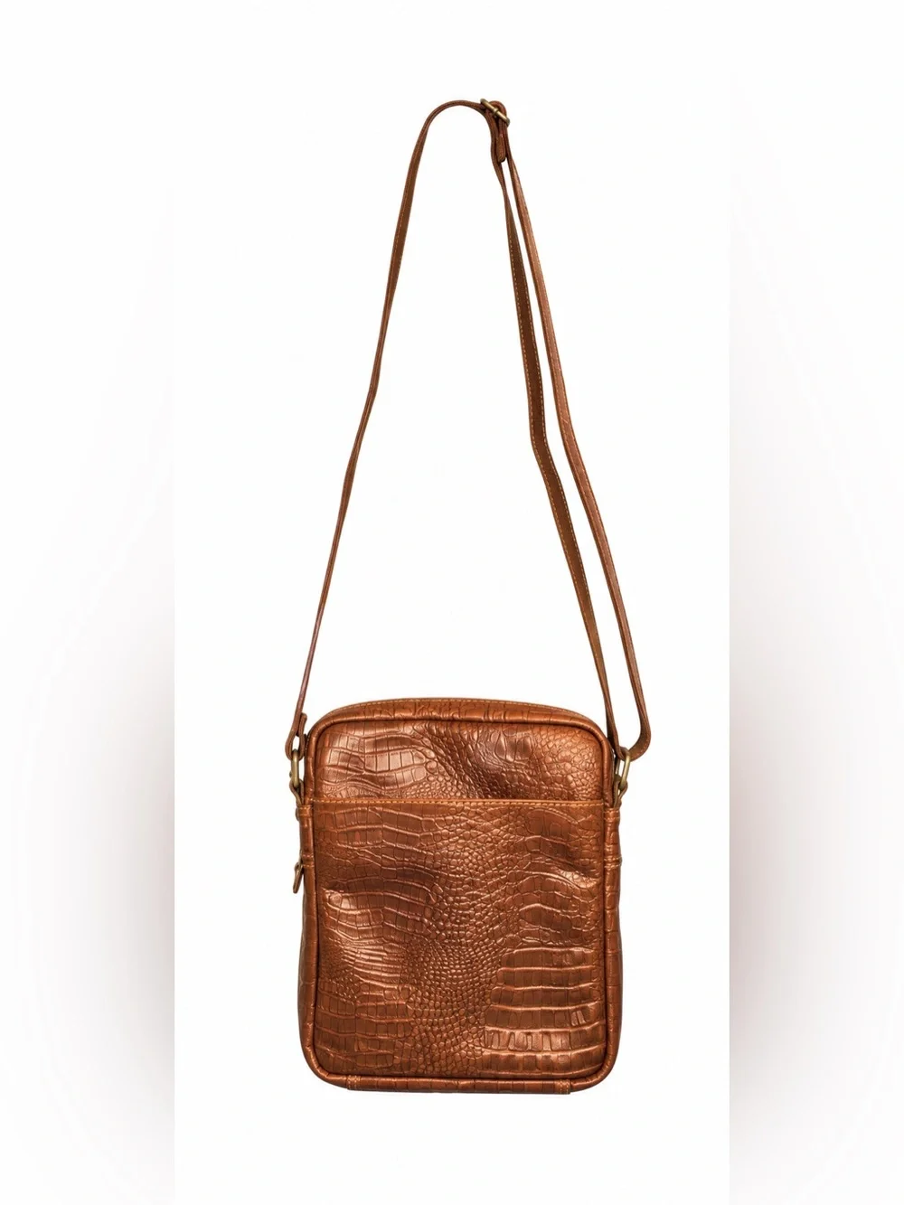 Jack Georges Genuine Leather Croc Embossed Messenger Crossbody/Sling Bag Brown